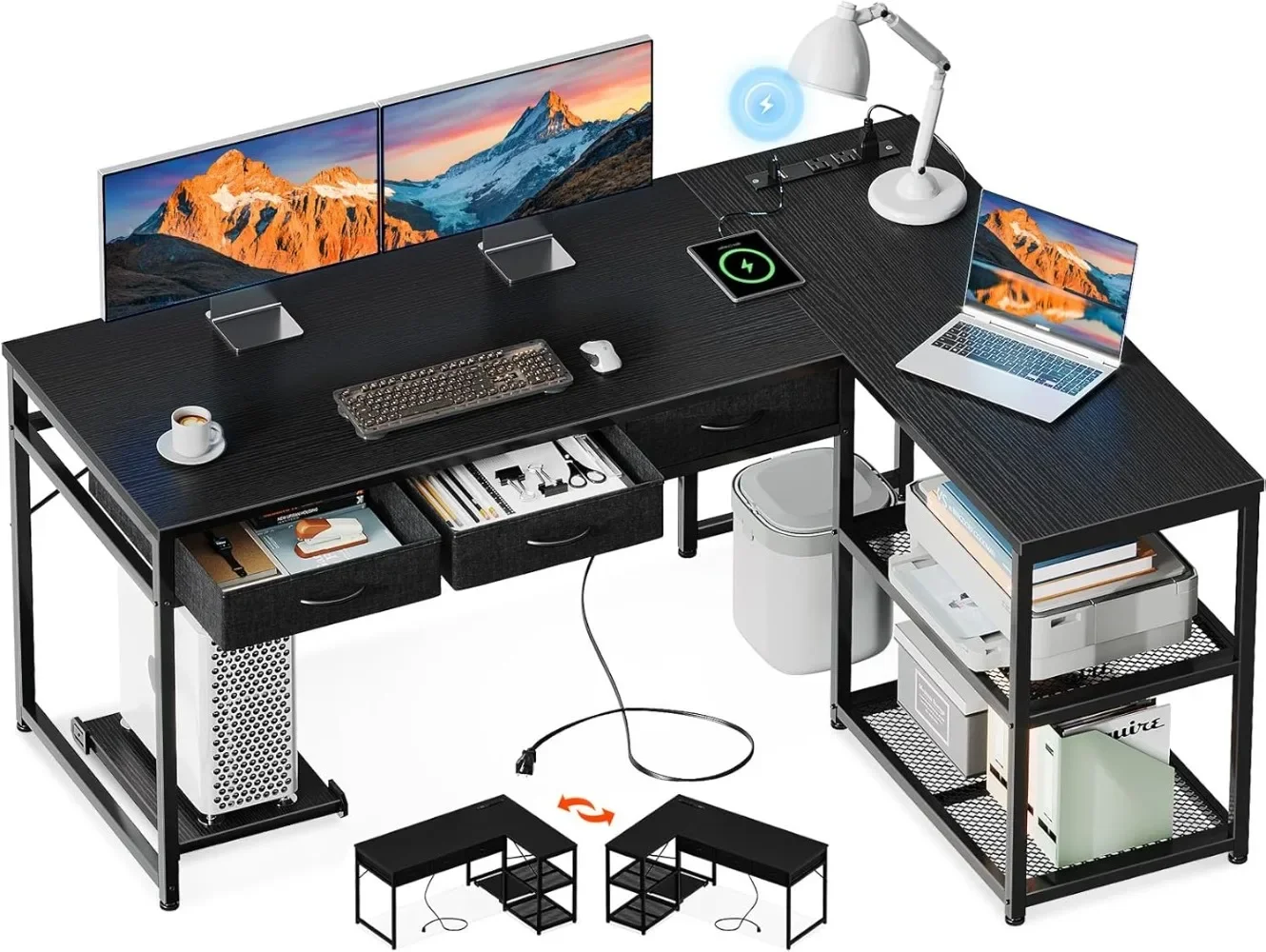 53 Inch L Shaped Computer Desk with Drawers,Corner Desk with Power Outlets & Reversible Storage Shelves, Movable CPU Stand,Black