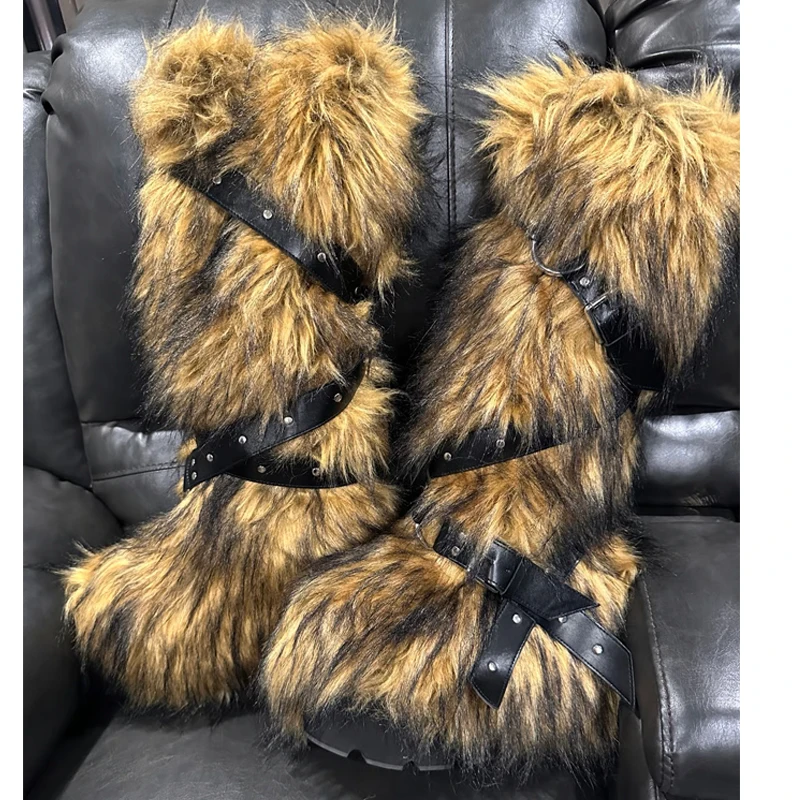 

Ботинки на меховой платформе в стиле панк с заклепками, увеличивающие рост, женские зимние ботинки 2026, готические теплые сапоги до колена Y2K для женщин, модные