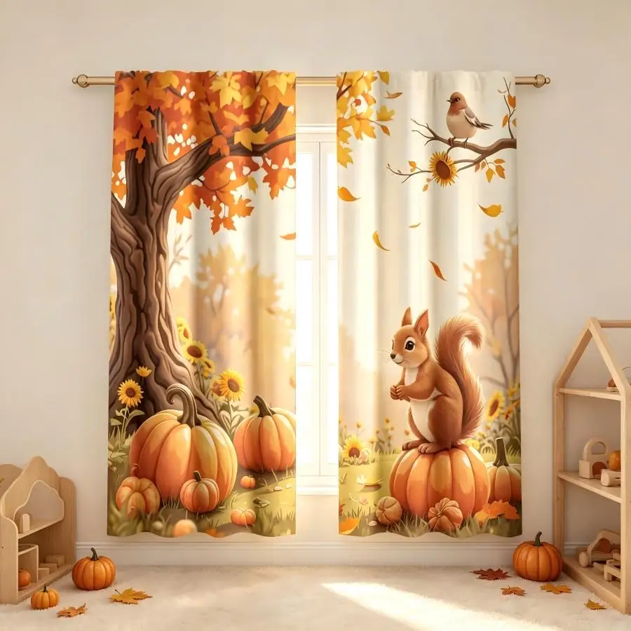 2PCS Digital Print Curtain, Squirrel with Pumpkin, Autumn Woodland Harvest Wildlife Style for Living Room Bedroom Decor