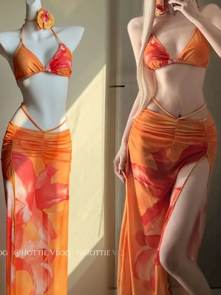 Vrouwen Sexy Strand Badpak 3-delige Sets Zomer Hotsweet Bikini Halter Tops Mode Slanke Lace Up Print Slit Lady Lange Rok