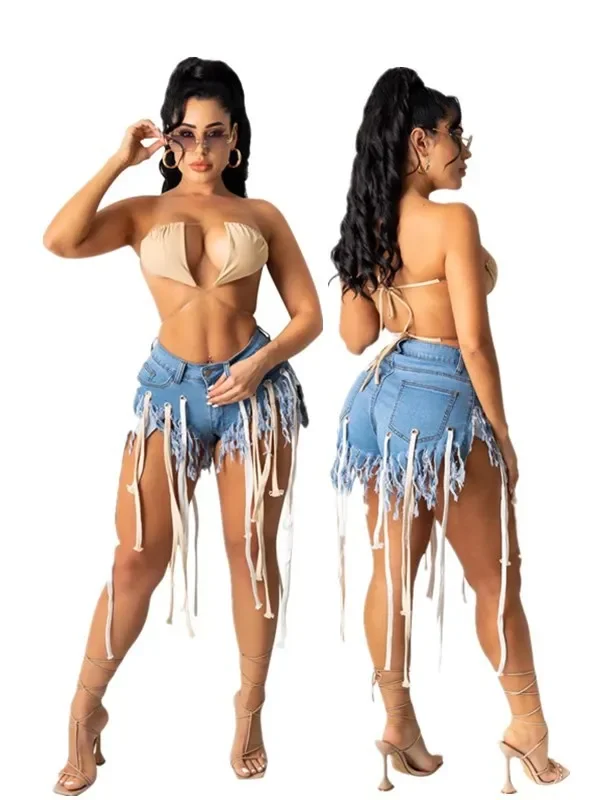 

New Summer Women Sexy Stretch Tassel Denim Jeans High Waist Shorts