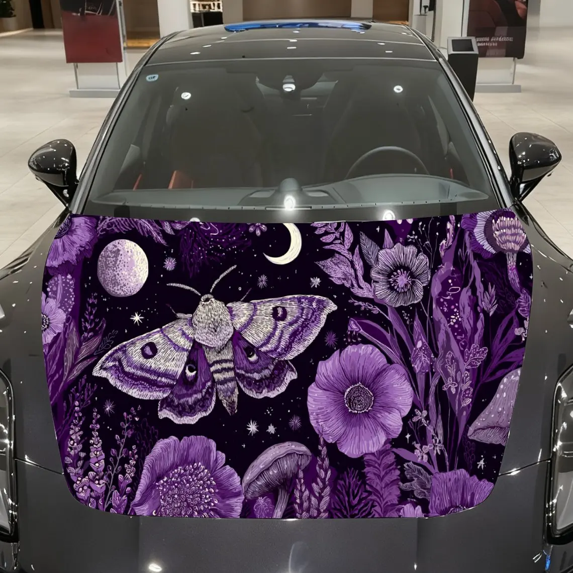 Car Decal Moth with Purple Floral, Lunar & Botanical Artistic Background & Mystical-Occult Aesthetic Car Hood Sticker, Waterproo