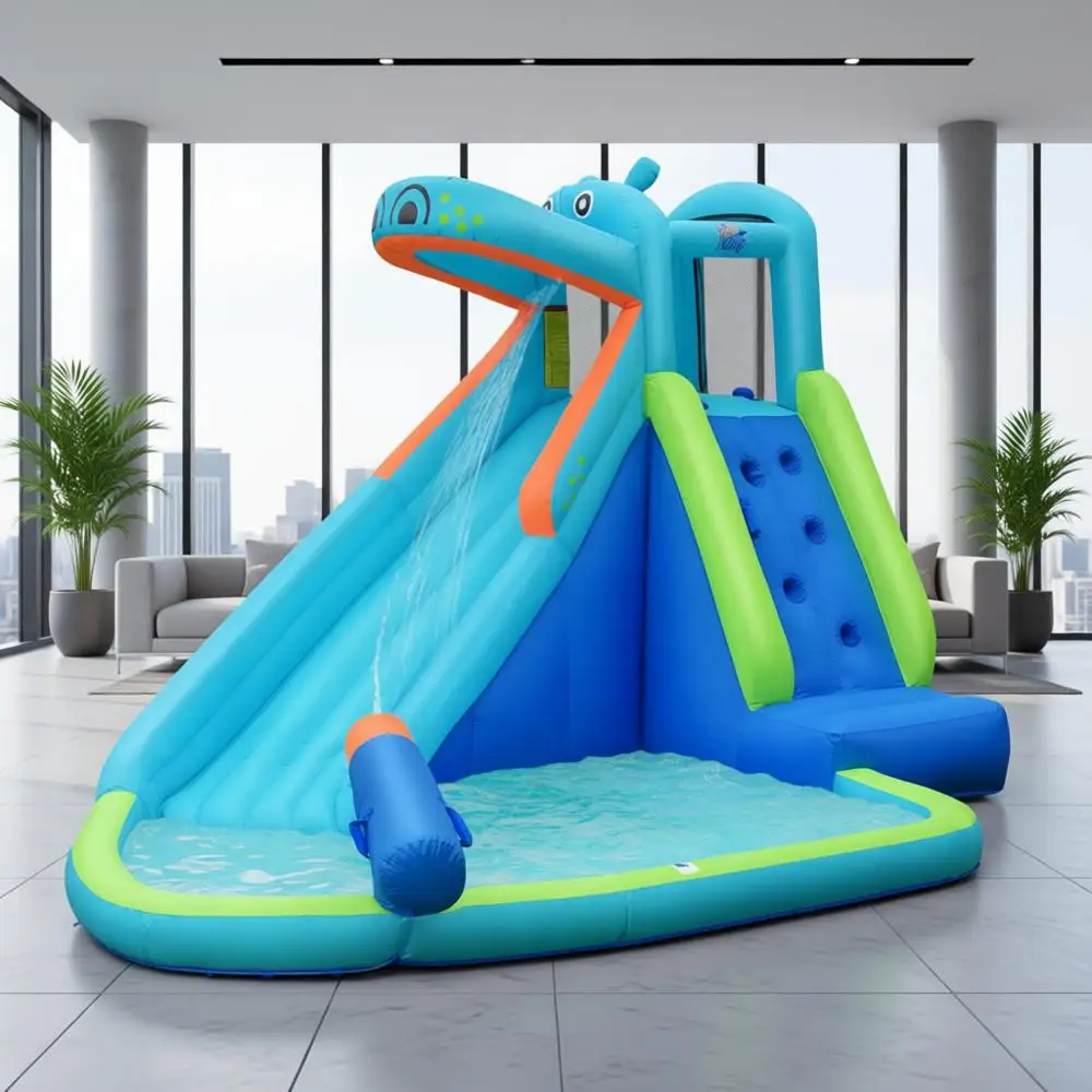 Nadmuchiwany park wodny z motywem hipopotamów, z zjeżdżalnią, ścianą do wspinaczki i basenem do zabawy dla dzieci na świeżym powietrzu.
