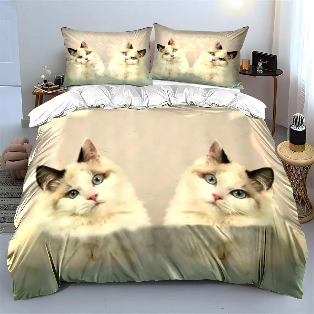 Kawaii Ragdoll Cat Bedding Set 3pcs,Couple Cute Pet Kitten Print Duvet Cover, Cozy Bed Linen for Bedroom,Guest Room Decor,Gift