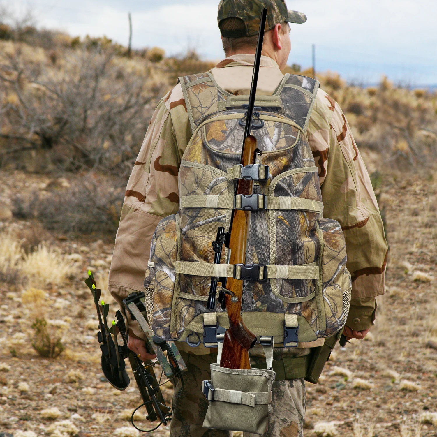 

35L Lightweight Hunting Backpack with Gun And Bow Storage Side Mesh Pouch And Waist Bag Design for Outdoor Activities