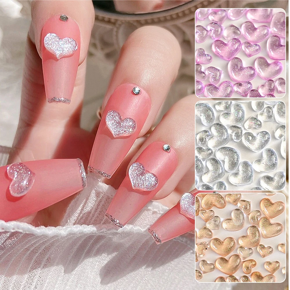 100pcs Pink Transparent Love Heart Rhinestone Nail Charm Resin Flatback Stone Crystal Jewelry Nail Art Decoration Manicure Parts