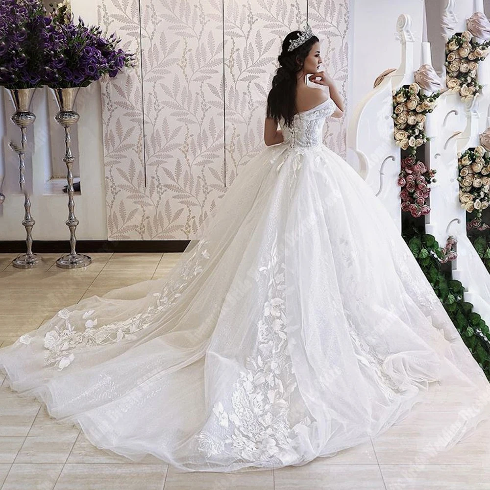 Vestidos De Novia elegantes y bonitos para mujer, Vestidos De Novia con dobladillo esponjoso y purpurina, longitud De fregado, estampado De flores, princesa