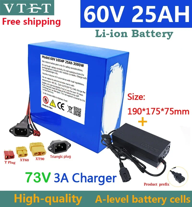 New 60V 25Ah Bike 18650 Power Battery for Scooter Motorcycle 16S4P 1000W Rechargeable Battery with Same Port BMS+73V Charger Diy