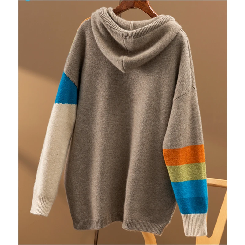 Autumn/Winter 2023 new rainbow inlaid loose and thick hooded 100% pure cashmere sweater women\'s hoodie long sleeve