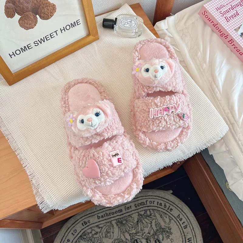 Disney star Dailu cute sweet warm home women's shoes Lingna Belle cartoon versatile flat bottom non-slip plush toecottonslippers