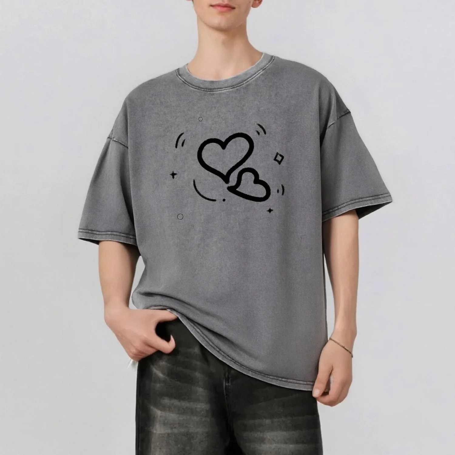 

Creative Love Graphic Printing Men's Summer Retro Style Washed Water T-Shirt Casual Short Sleeved Basic Men's Top 230G