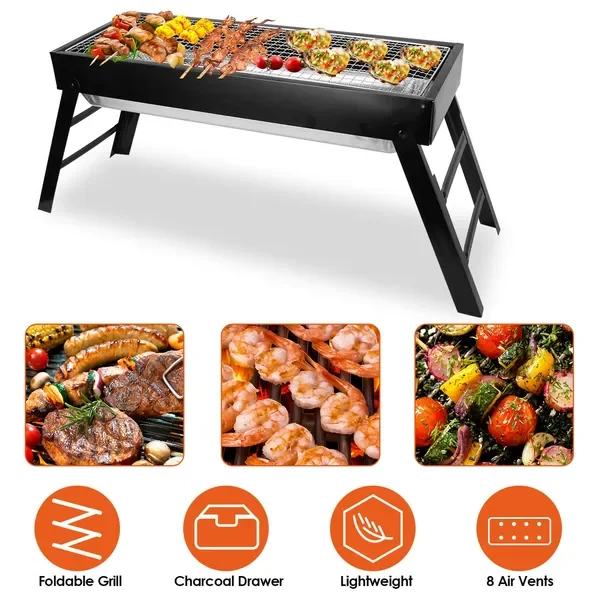 

Foldable Charcoal BBQ Grill, Stainless Steel, Portable Tabletop for Camping, Picnic, Outdoor