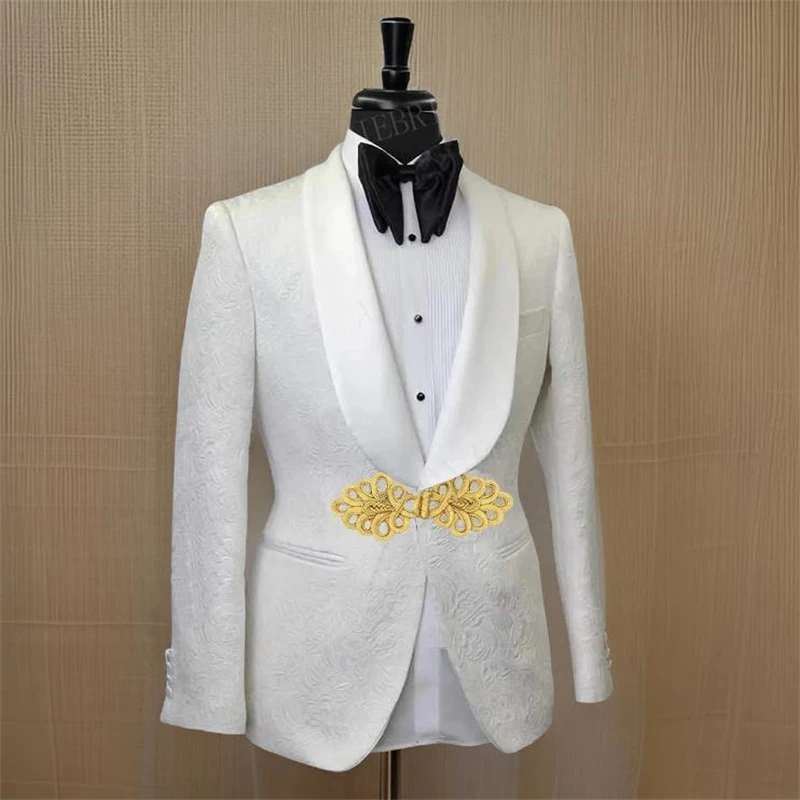 Floral Men Suit Jacket with Gold Mandarin Button 1 Pc Wedding Tuxedo Blazer Shawl Lapel Slim Fit Fashion African Style Male Suit