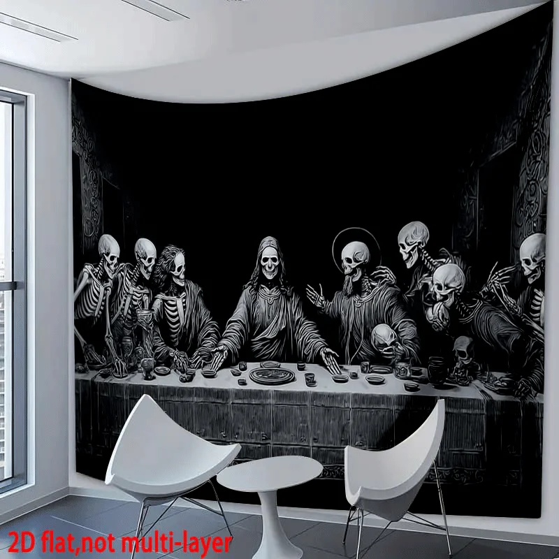 VIKAMA Dark Skull Last Supper Tapestry, Gothic Black White Skeleton Wall Hanging for Bedroom Living Room Decor