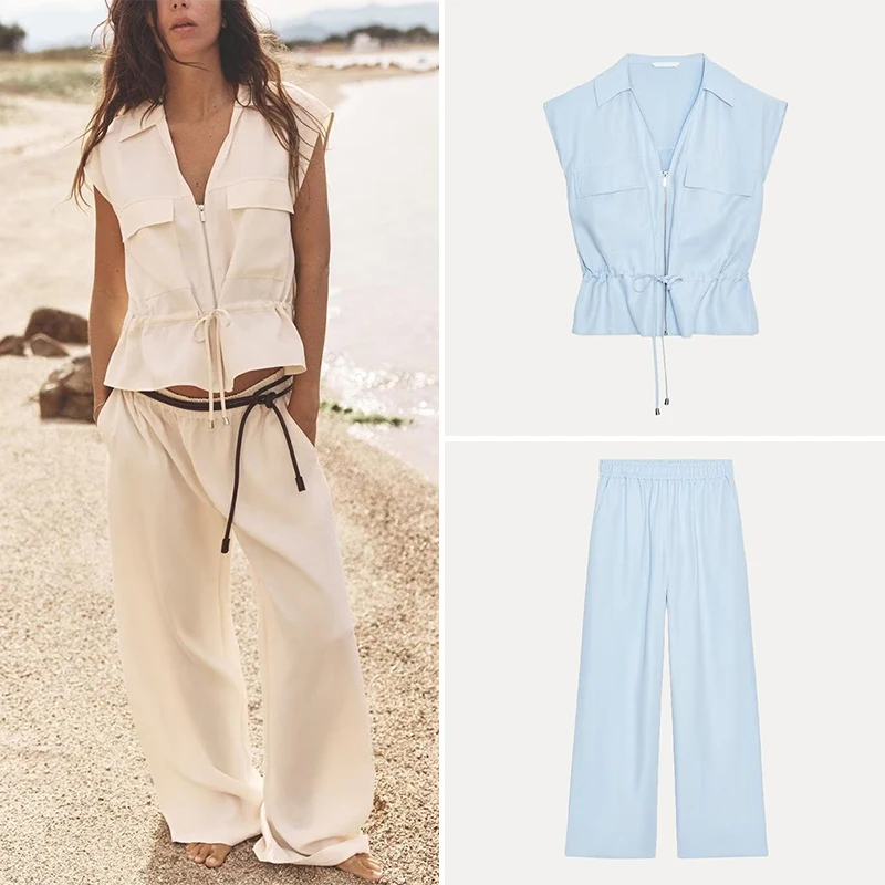 

Z Women's Faion Set 2025 Summer Wide Leg Pants Elastic Sle Top And Bot Polyester Fiber Zipper Closure