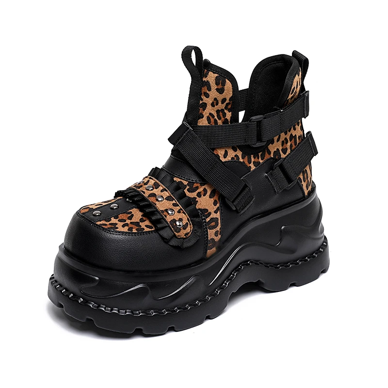 

Punk Style Chunky Heels Ankle Boots Thick Bottom Leopard High Top Sneakers Woman New Spring Buckle Strap Ins Lolita Retro Shoes