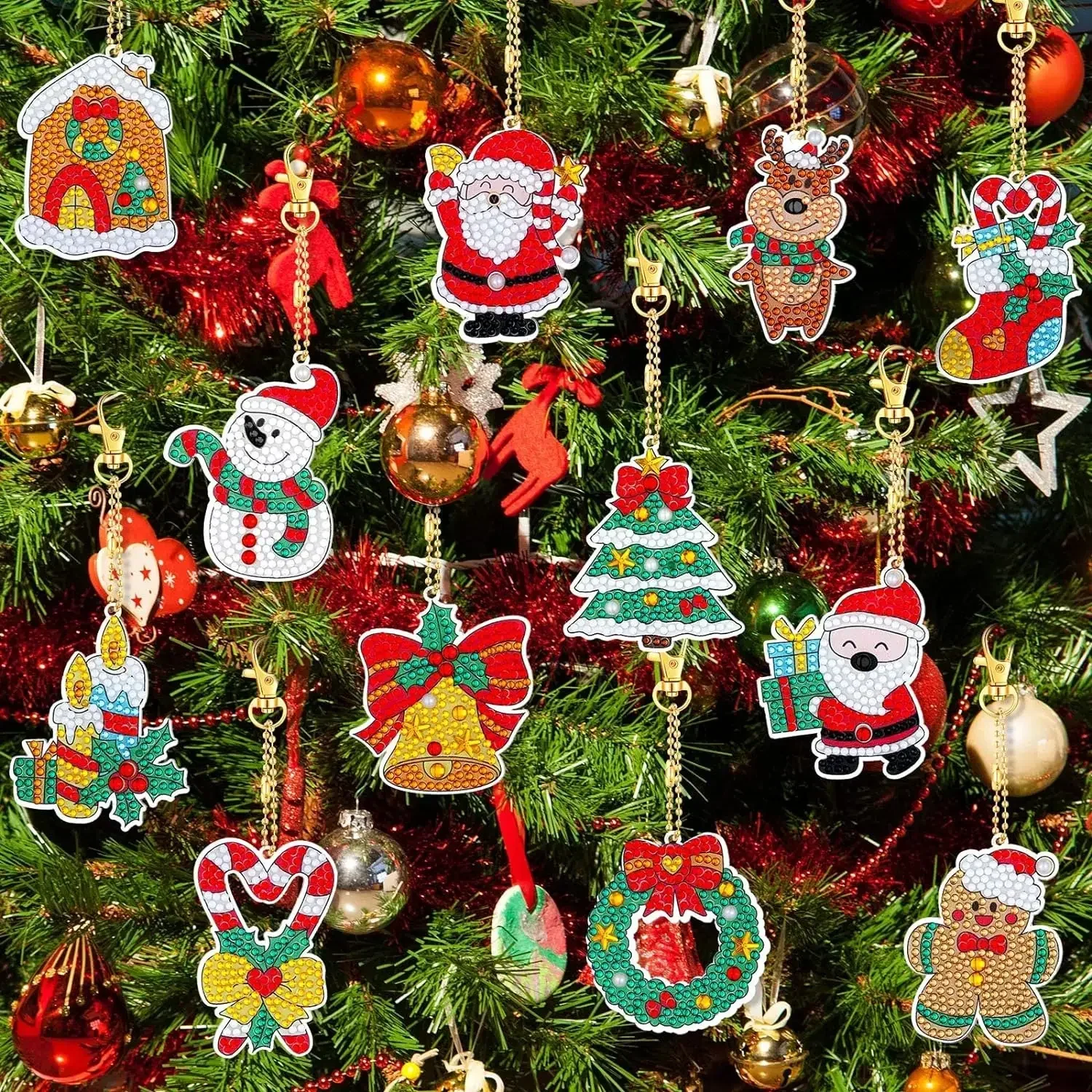 12pcs/set DIY Diamond Painting Christmas Keychains One Sided Crystal Rhinestones Snowman Diamond Art Christmas Tree Ornaments