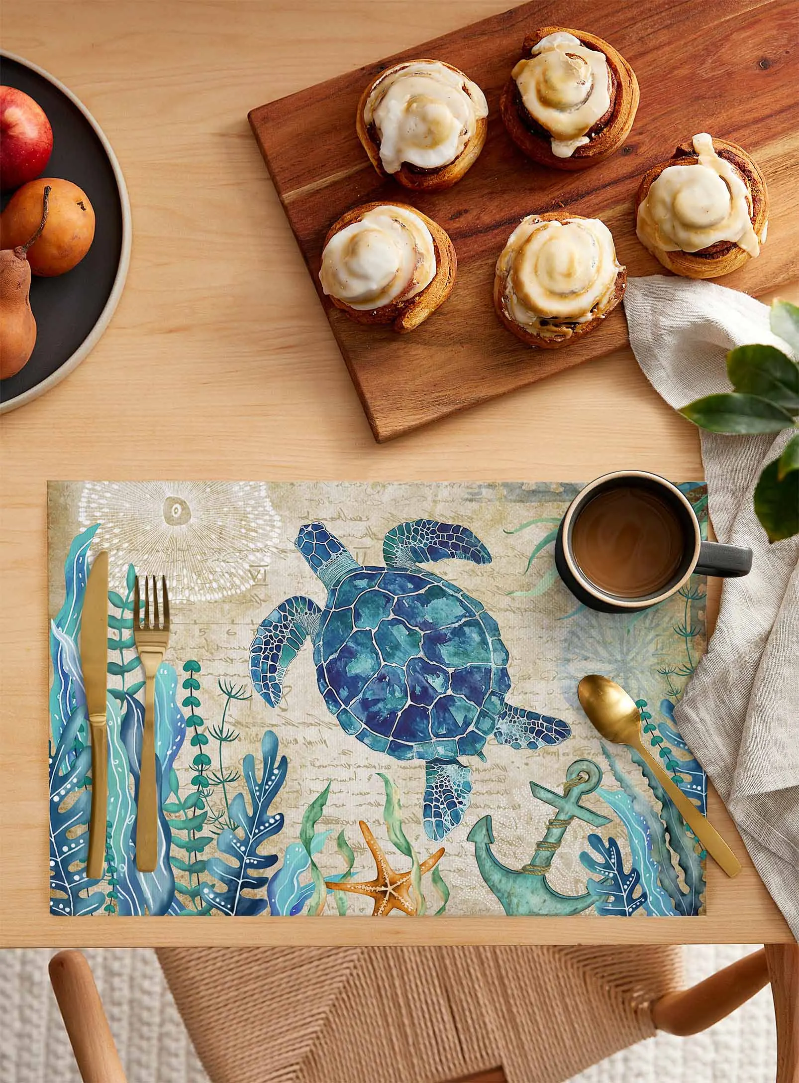 Retro Marine Life Turtle Seaweed Anchor Placemat Wedding Party Dining Decor Linen Table Mat Kitchen Accessories Table Napkin