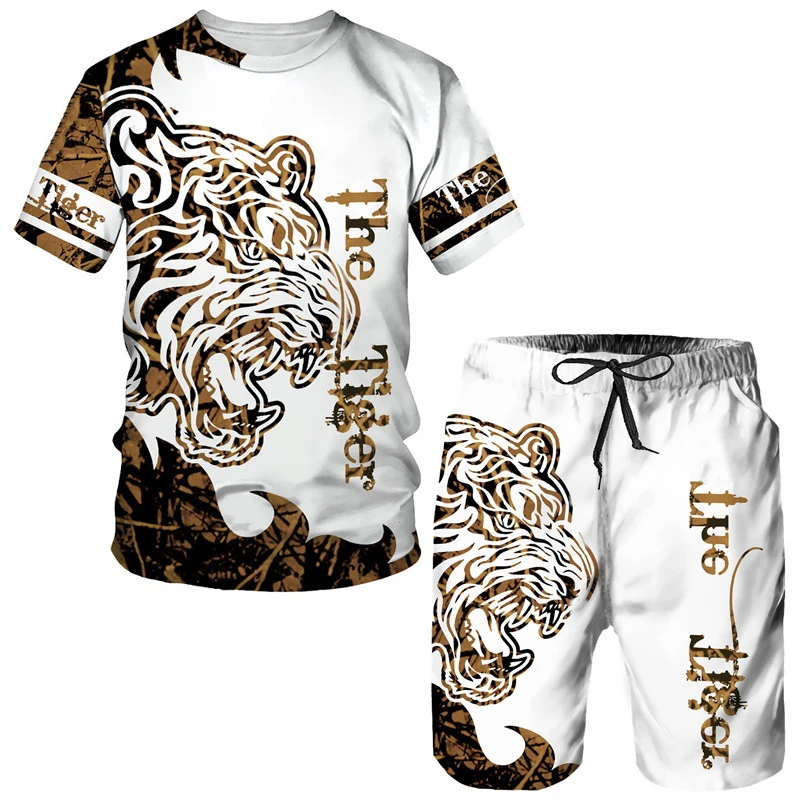 Summer Fashion Tiger 3D Print T-Shirts Shorts Sets Men\'s Tracksuits Oversized Short Sleeve T Shirt Pants Set Man Suits Clothing