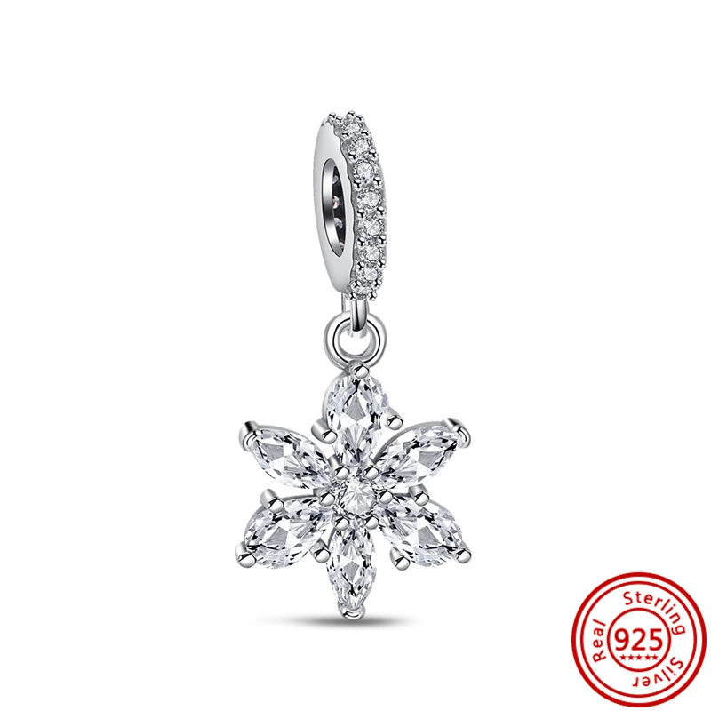 Cuentas de Plata de Ley 925, accesorio con circonita transparente, copo de nieve, herbario, pavé brillante, compatible con pulsera Pandora Original, joyería Europea artesanal