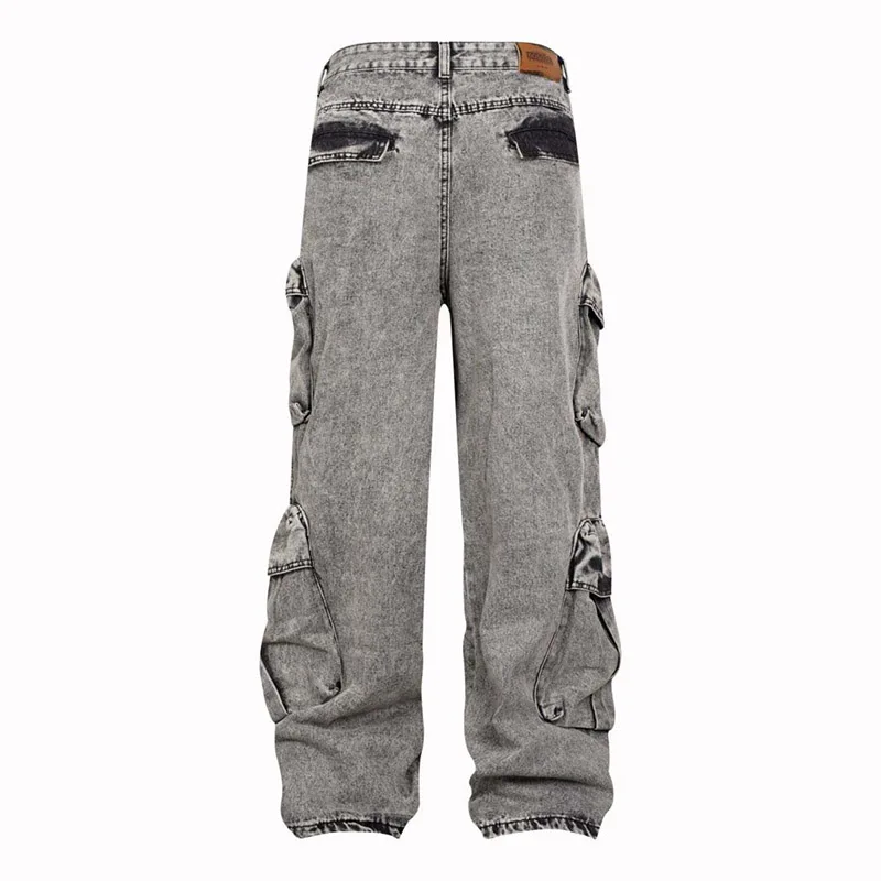 Hi Street Baggy Streetwear Jeans Pants Multi Pockets Patchwork Denim Trousers For Male