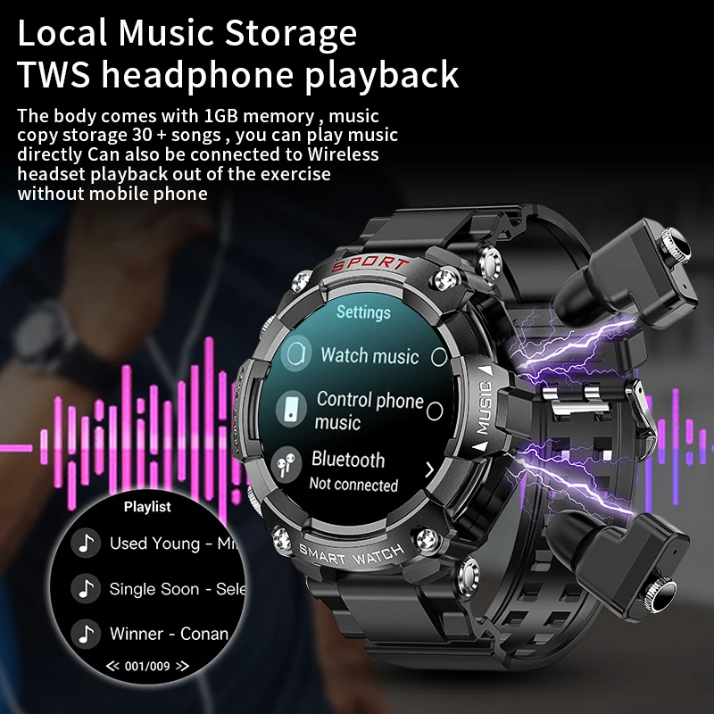 T96 Local Music Play Wireless Earbud Smart Watch TWS Music Talk Men Smartwatch Earphone 2 In 1 Siri Recording Sports Bracelet