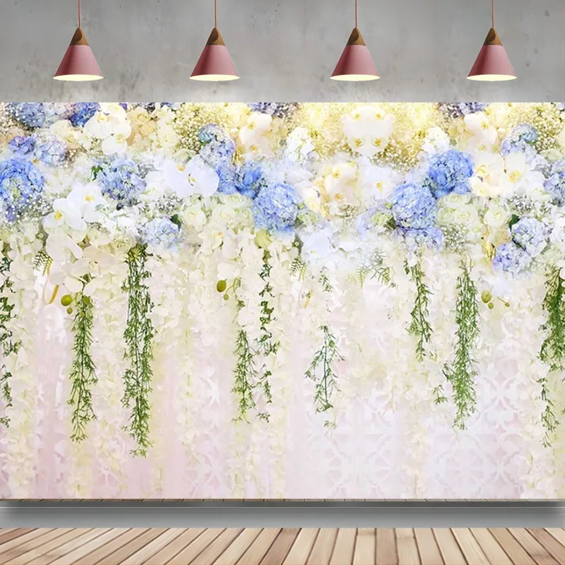 Wedding Backdrop Reception Blue White Floral Bridal Shower Background Women Couple Anniversary Engagement Party Decoration