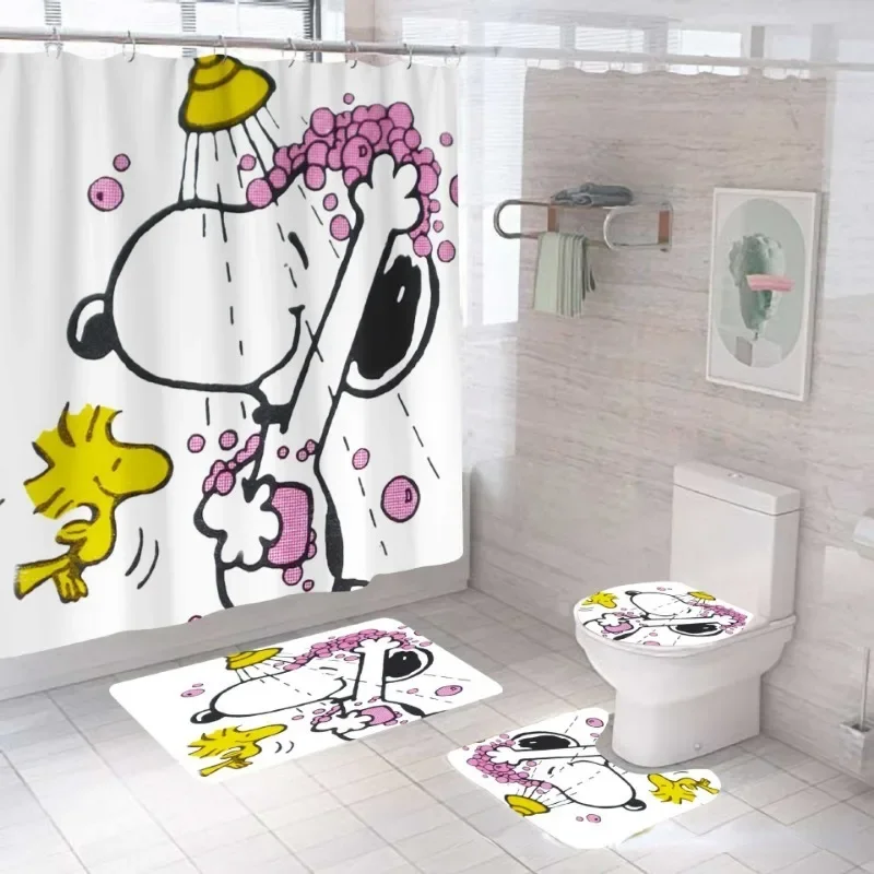 Snoopy Shower Curtain Printing Anime Waterproof Mildewproof Shower Curtain Set of Four Bath Creative Personality Shower Curtains