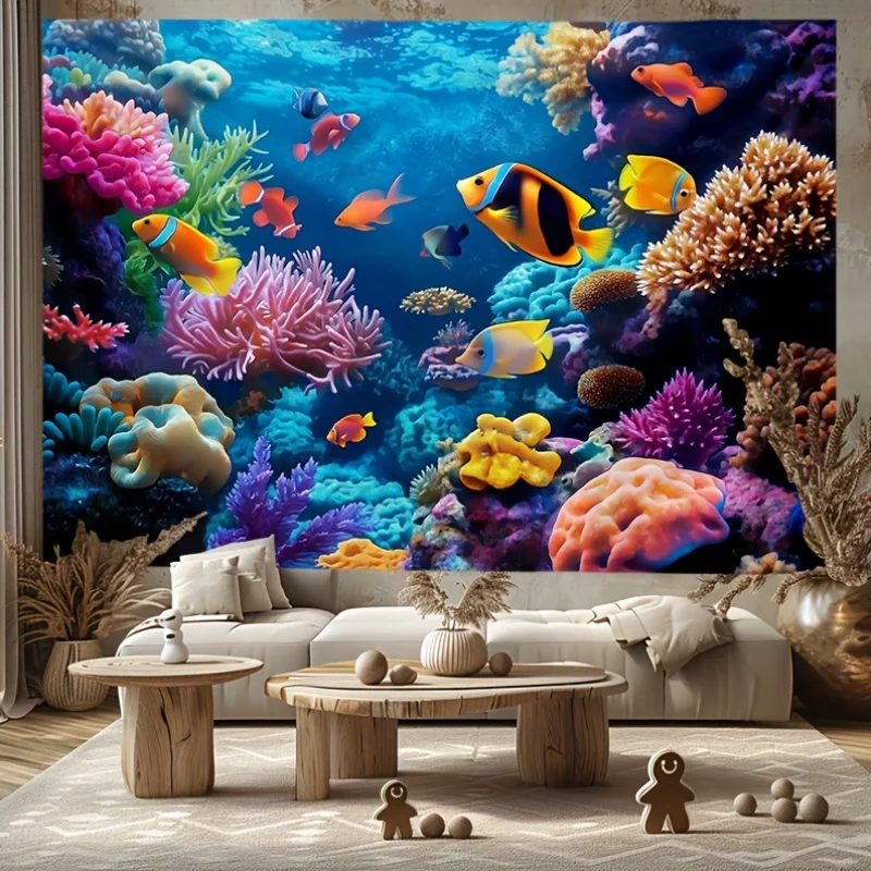 2D Flat 1pc Tropical Fish And Coral Reef Tapestry - Undersea Paradise Party Wall Art Marine Landscape Decor For Living Room Anim