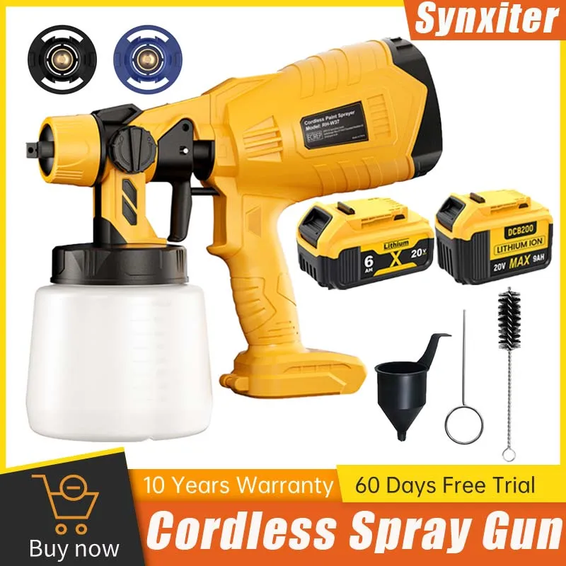 Synxiter Electric Paint Spray Gun For DEWALT 18V Battery Rechargeable Spray Gun 2 Nozzles For Car Home Painting Power Tool