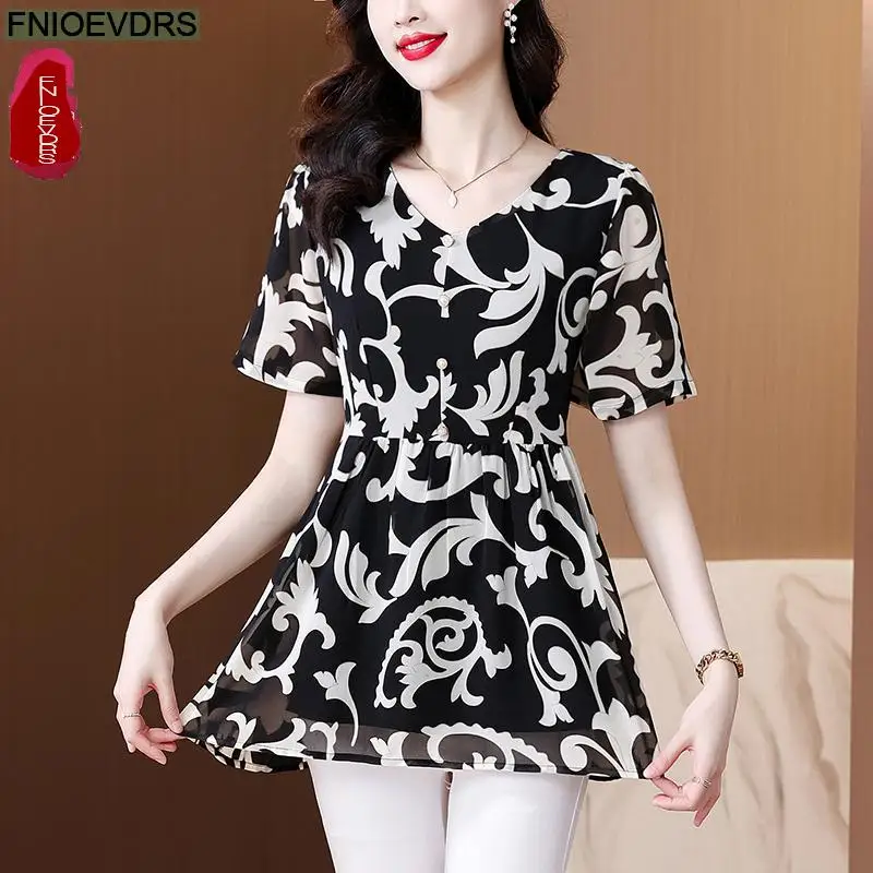 L-5XL Loose Clothes 2024 Women Summer Elegant Ruffles Button Shirts Retro Patchwork Black Floral Tunic Peplum Tops And Blouses