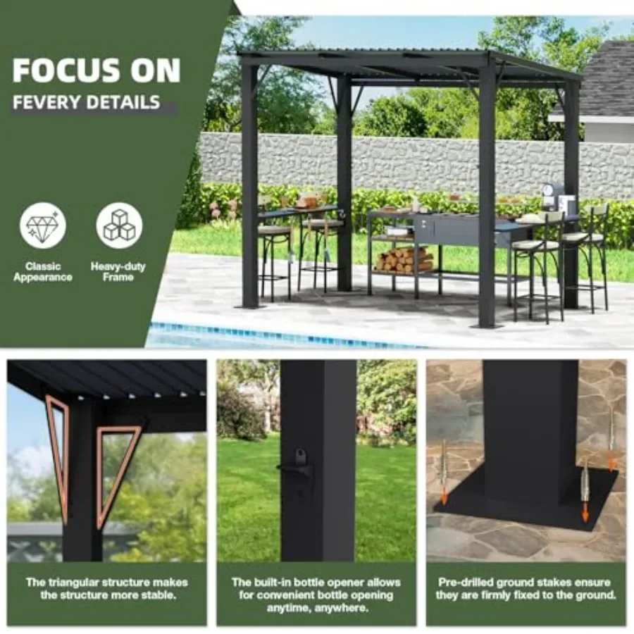 Hardtop Grill Gazebo Outdoor Gazebo with Side Shelves BBQ Grill  with Bottle Opener Hooks Metal Gazebo Pergola for Patio Backya view 4