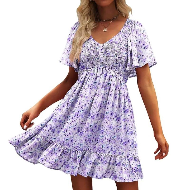 Mini abiti da donna con stampa floreale carina, scollo a V, maniche svolazzanti, casual, da spiaggia, estivi, con volant
