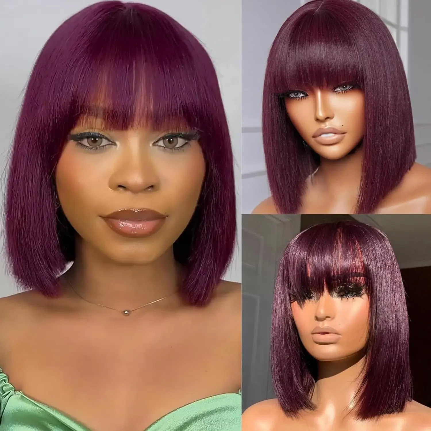 

99J Burgundy Human Hair Short Bob Wig With Bangs Dark Brown Balayage Color Blend Straight Bob With Fringe For Women Machine