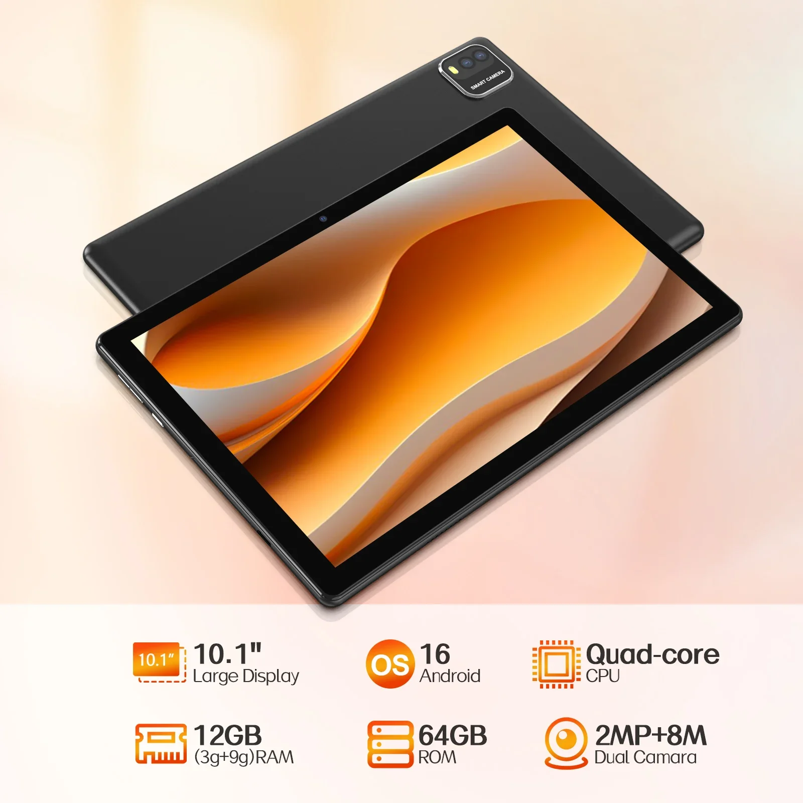 2026 Model (Upgraded Version) | 10.1-inch Android 16 Tablet | Quad-core Processor | 12GB (3GB + 9GB) RAM + 64GB ROM | Wi-Fi 6