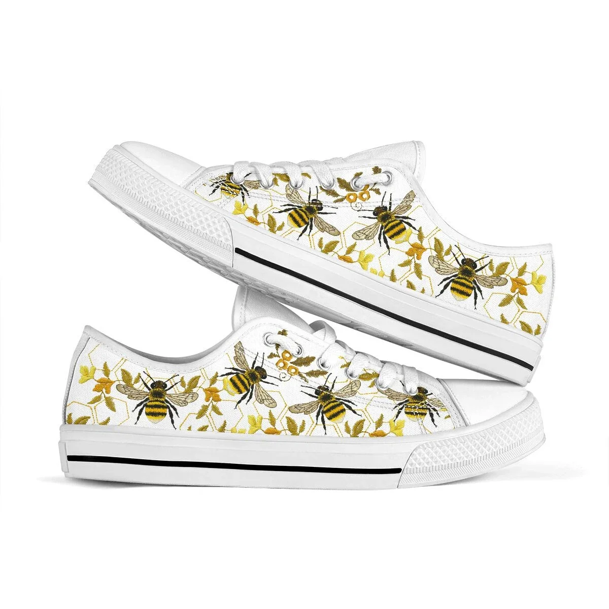 Women Casual Flats Cute Bee Pattern Low Top Canvas Sneakers Lady White Flat Shoes Plus Size to 45/46