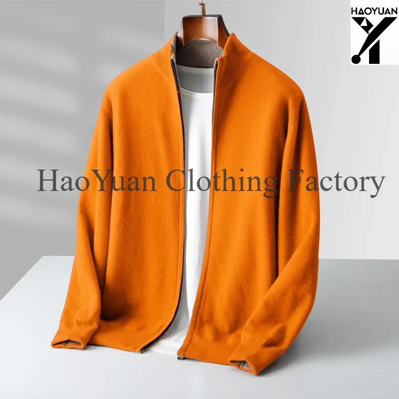 Men's new double-sided wearable multifunctional pure wool cardigan long sleeved semi high neck zipper fashionable thick sweater