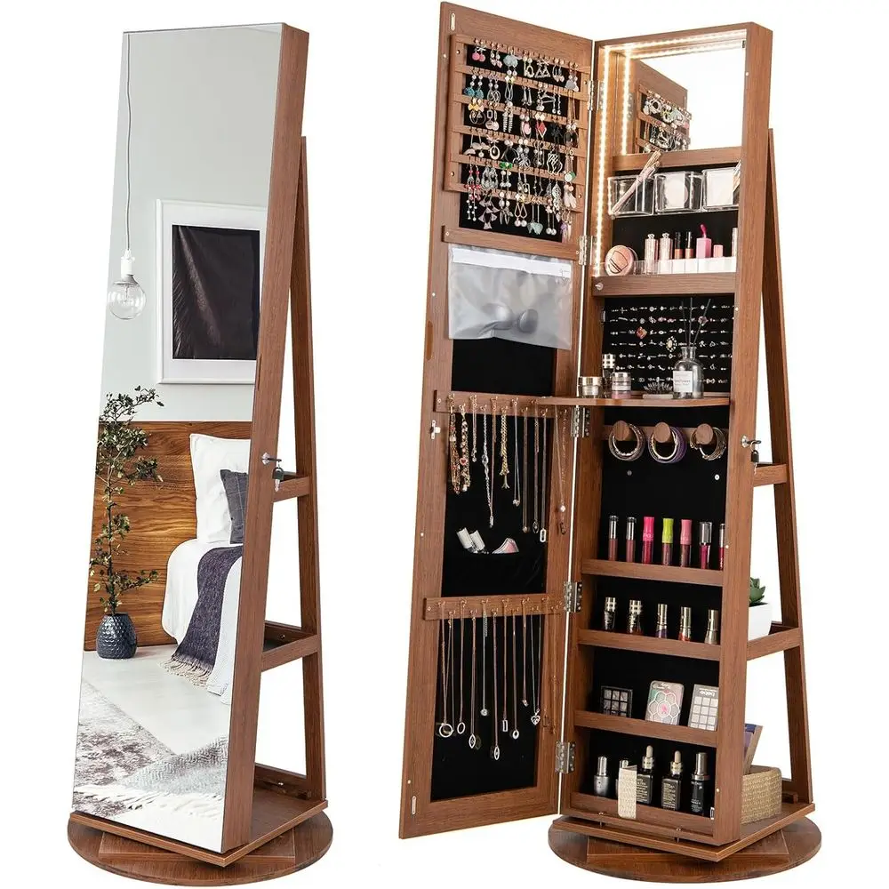 Walnut Full-Length Mirror Jewelry Armoire with LED Lights, Lockable Storage for Bedroom or Cloakroom