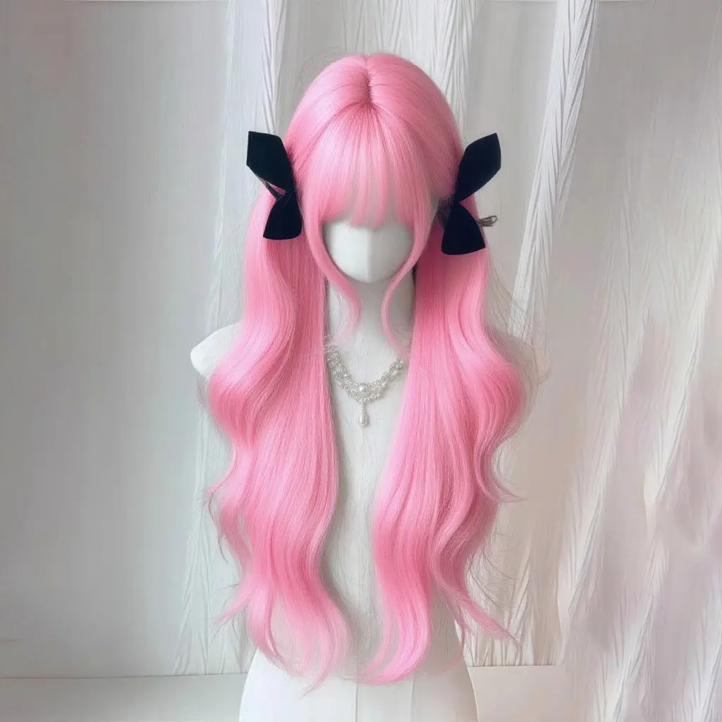 핑크 컬리 로리타 가발 - 자연스러운 빅 웨이브 코스프레 헤어피스, 스트레이트 뱅이 있는 풍성한 풀캡 합성 가발 (애니메이션 소녀용)