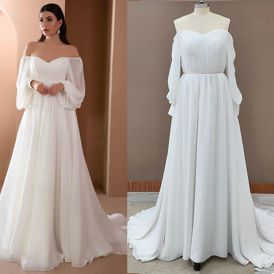 Off The Shoulder Ruched Chiffon Wedding Dress Simple Pleated Beach 2021 Cheap Backless Long Puffy Sleeves Bridal Gown 10144