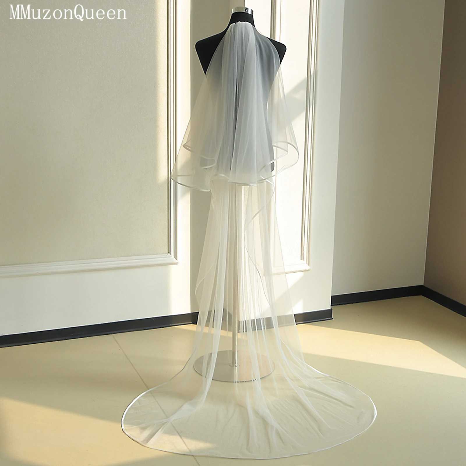 TOPQUEEN V97 حجاب الزفاف 2-Layer الشريط حافة طرحة الزفاف مع مسحوق أحمر الخدود اكسسوارات الزفاف الحجاب الطويل للتخصيص