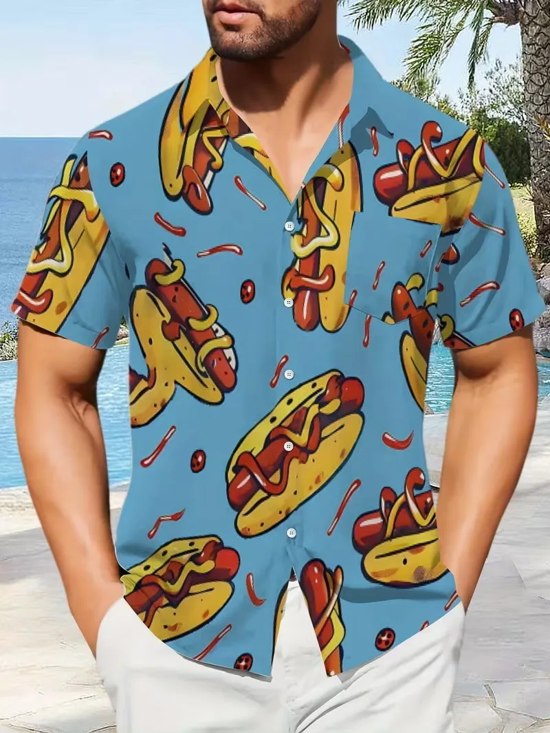 

Men's Funny Hot Dog Print Hawaiian Shirt Casual Short Sleeve Button Down Surfing Shirts Summer Vacation Beach Shirt Clothes
