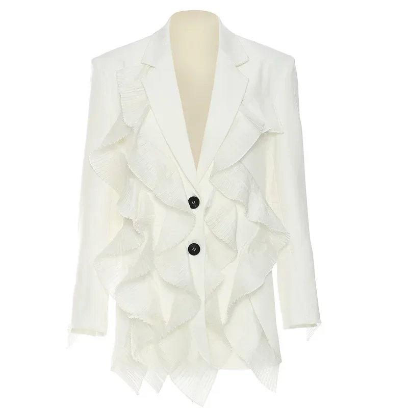 Costume Blazer en Tulle Blanc à Volants pour Femme, Veste de Bureau Formelle à la Mode, Tenue de Rue, Manteau, Automne, 1 Pièce