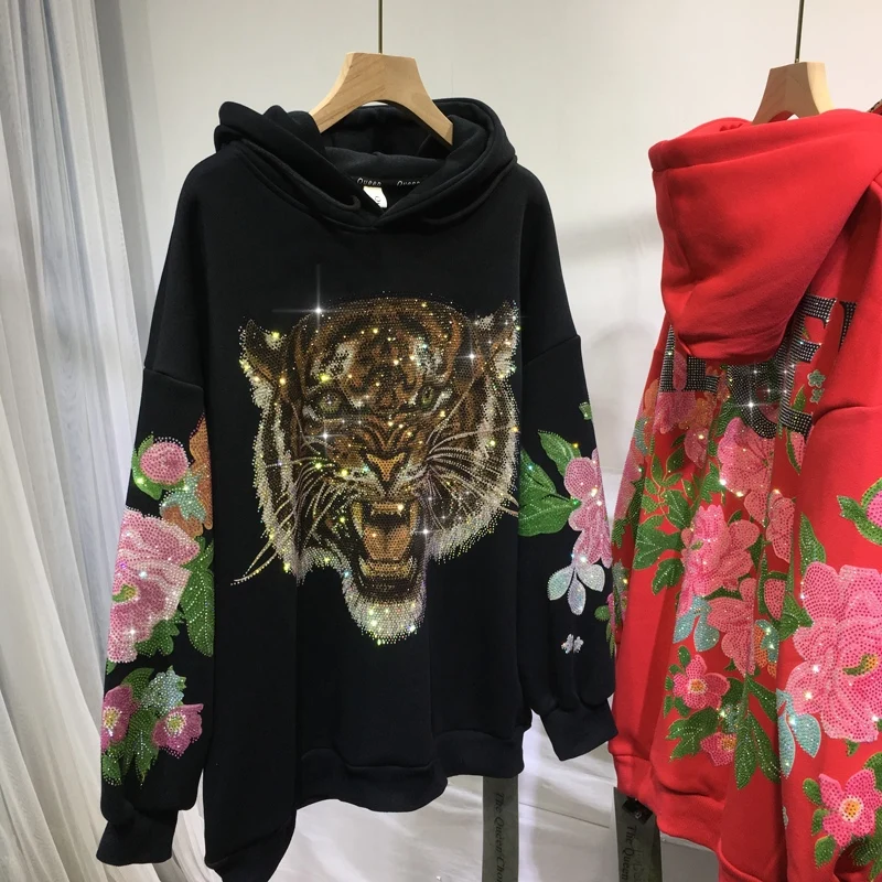 Thicken Velvet Women Sweatshirt Domineering Tiger Peony Flower Hot Drilling Hooded Pullover Top Autumn Winter Streetwear Hoodie