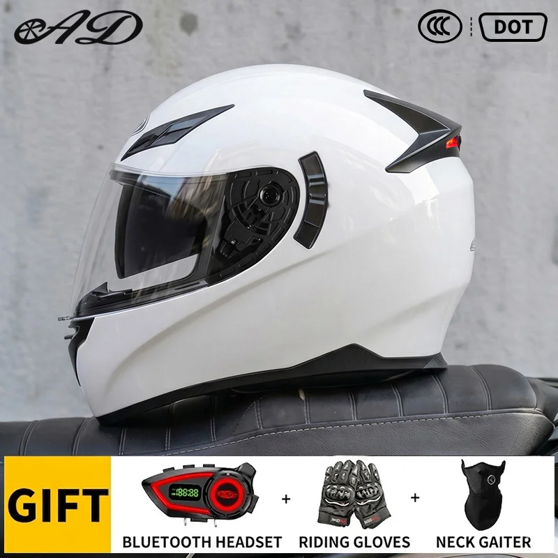 

High Quality Motorcycle LED Tail Light Helmets Dual Lens Helmet with Bluetooth Glove Three Piece Set Cycling ABS Safety Helmet