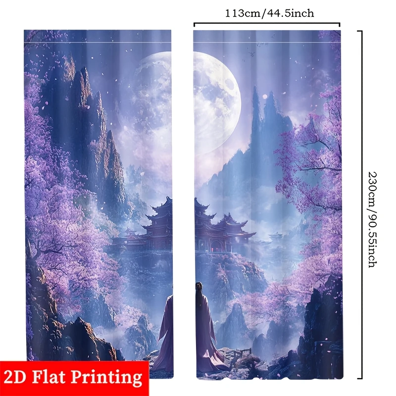Elegant Fantasy Moonlit Asian Landscape Curtains Drapes Blossom Pagoda Home Decoration Living Room Backdrop Curtains