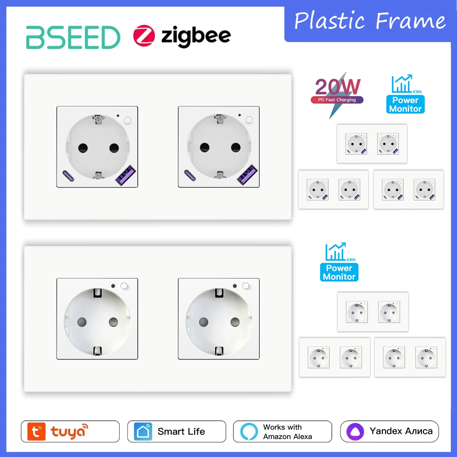 

BSEED Zigbee Double Smart EU Настенные розетки с 20 Вт USB-портами быстрой зарядки переменного тока Монитор мощности Приложение Tuya Smart Life 1/2/3/4Pack