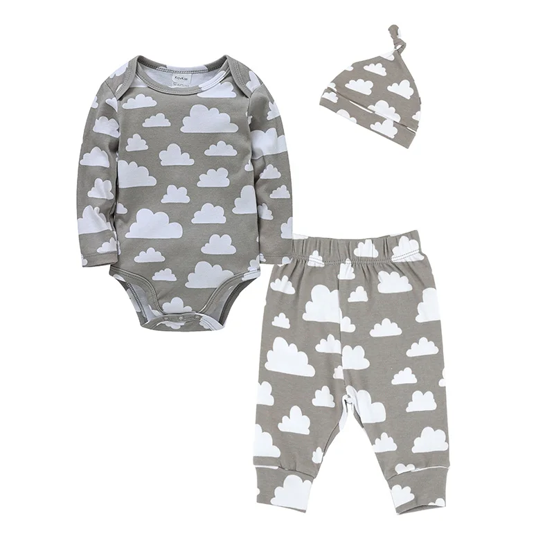 

3 PCS Baby Boys Clothing Sets Grey Plain Romper+Pant+Hat Newborn Gift Set Baby Clothes Muslin Clound 100% Cotton Clothing