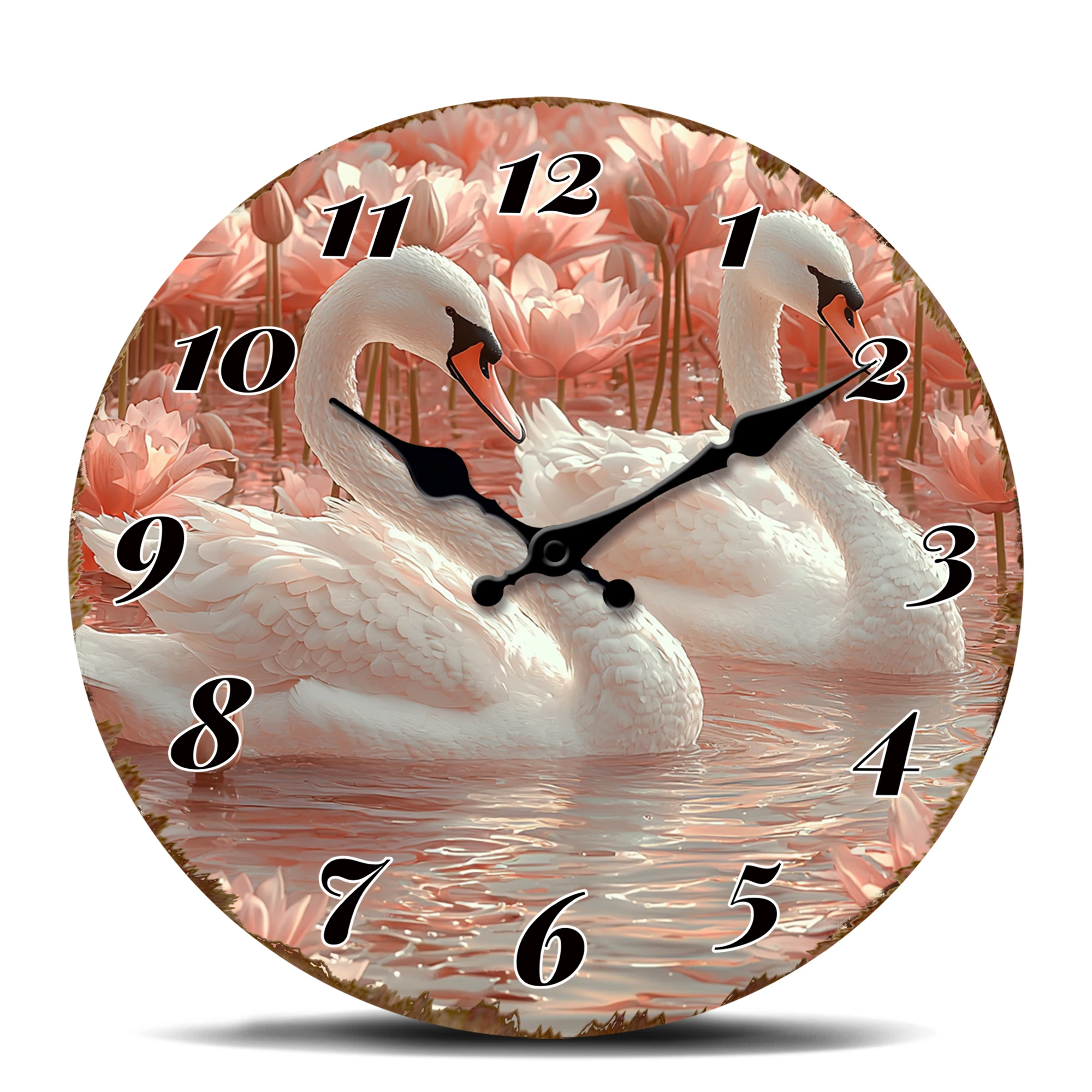 Elegante Schwäne schwimmen unter rosa Lotusblüten, runde Wanduhr, ruhige Teichszene, dekorative, geräuschlose Quarzuhr zur Entspannung