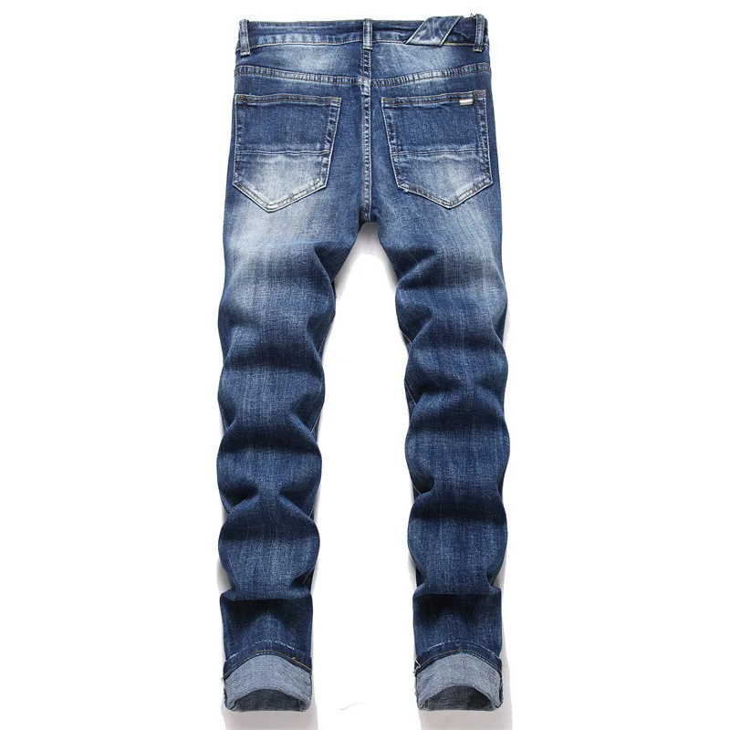 New Mens Straight Hole Ripped Jeans Distressed Denim Pants Men Fashion Hip Hop Patchwork Embroidered Blue Cotton Jeans